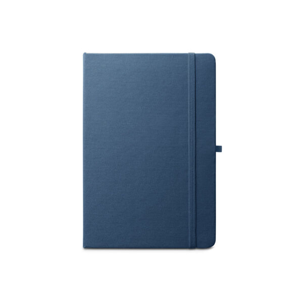 Caderno A5 de capa dura em poliéster 100% reciclado (100% rPET) com cantos redondos e folhas pautadas - Brinde Corporativo Personalizado | Enova