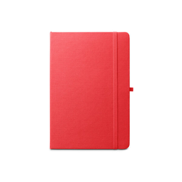 Caderno A5 de capa dura em poliéster 100% reciclado (100% rPET) com cantos redondos e folhas pautadas - Brinde Corporativo Personalizado | Enova