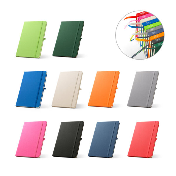 Caderno A5 de capa dura em poliéster 100% reciclado (100% rPET) com cantos redondos e folhas pautadas - Enova Brindes Personalizados