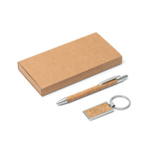 Kit esferográfica e chaveiro em metal com acabamento em cortiça - Brinde Corporativo Personalizado | Enova