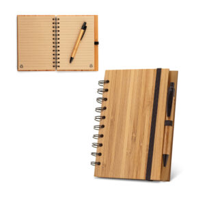 Caderno A5 em bambu com páginas pautadas recicladas - Enova Brindes Personalizados