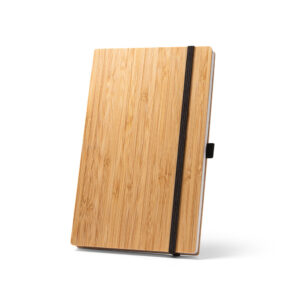 Caderno A5 de capa e contracapa em placa de bambu e lombada em poliéster 100% reciclado (100% rPET) - Brinde Corporativo Personalizado | Enova