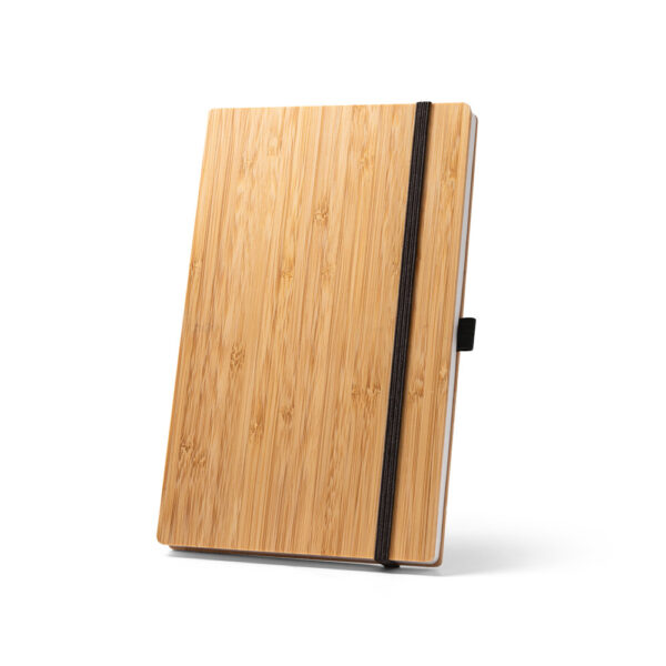 Caderno A5 de capa e contracapa em placa de bambu e lombada em poliéster 100% reciclado (100% rPET) - Brinde Corporativo Personalizado | Enova