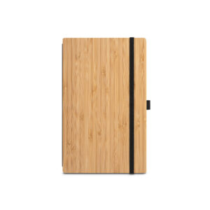 Caderno A5 de capa e contracapa em placa de bambu e lombada em poliéster 100% reciclado (100% rPET) - Brinde Corporativo Personalizado | Enova