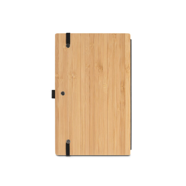 Caderno A5 de capa e contracapa em placa de bambu e lombada em poliéster 100% reciclado (100% rPET) - Brinde Corporativo Personalizado | Enova