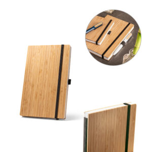 Caderno A5 de capa e contracapa em placa de bambu e lombada em poliéster 100% reciclado (100% rPET) - Enova Brindes Personalizados