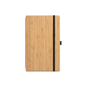 Caderno de bolso de capa e contracapa em placa de bambu e lombada em poliéster 100% reciclado (100% rPET) - Brinde Corporativo Personalizado | Enova