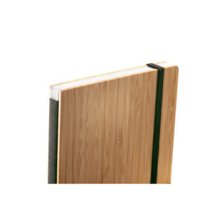 Caderno de bolso de capa e contracapa em placa de bambu e lombada em poliéster 100% reciclado (100% rPET) - Brinde Corporativo Personalizado | Enova