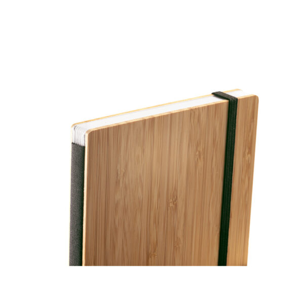 Caderno de bolso de capa e contracapa em placa de bambu e lombada em poliéster 100% reciclado (100% rPET) - Brinde Corporativo Personalizado | Enova