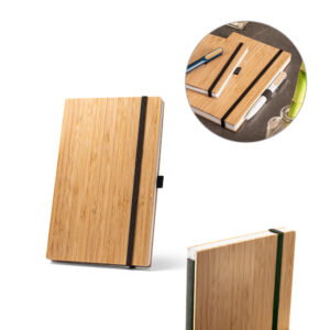 Caderno de bolso de capa e contracapa em placa de bambu e lombada em poliéster 100% reciclado (100% rPET) - Enova Brindes Personalizados