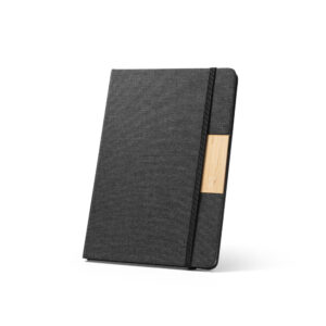 Caderno A5 em tecido poliéster 100% reciclado (100% rPET) com folhas pautadas - Brinde Corporativo Personalizado | Enova