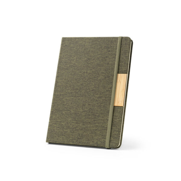Caderno A5 em tecido poliéster 100% reciclado (100% rPET) com folhas pautadas - Brinde Corporativo Personalizado | Enova