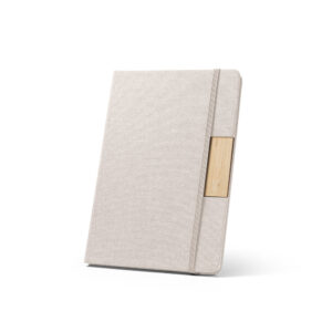 Caderno A5 em tecido poliéster 100% reciclado (100% rPET) com folhas pautadas - Brinde Corporativo Personalizado | Enova