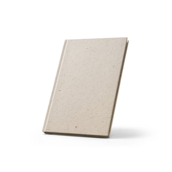 Caderno A5 em matéria orgânica de elefante (95%) e algodão de trapo (5%) com páginas pautadas reciclado - Brinde Corporativo Personalizado | Enova