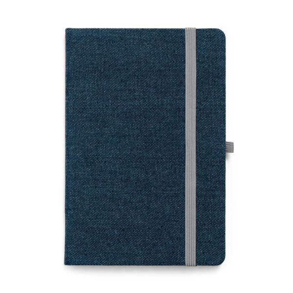 Caderno A5 em tecido tipo jeans com páginas pautadas - Brinde Corporativo Personalizado | Enova