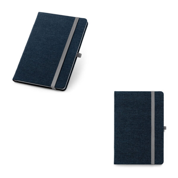 Caderno A5 em tecido tipo jeans com páginas pautadas - Enova Brindes Personalizados