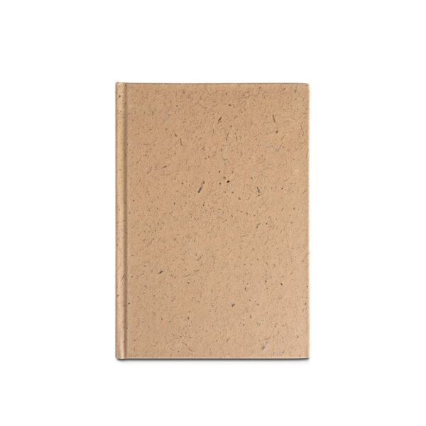 Caderno A5 em casca de coco (60%) e trapos de algodão (40%) com folhas pautadas - Brinde Corporativo Personalizado | Enova