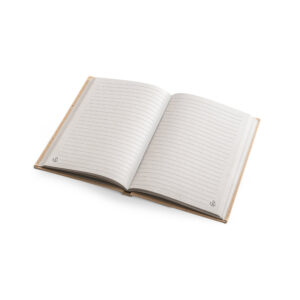 Caderno A5 em casca de coco (60%) e trapos de algodão (40%) com folhas pautadas - Brinde Corporativo Personalizado | Enova