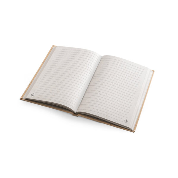 Caderno A5 em casca de coco (60%) e trapos de algodão (40%) com folhas pautadas - Brinde Corporativo Personalizado | Enova