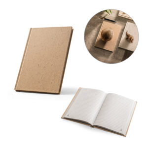Caderno A5 em casca de coco (60%) e trapos de algodão (40%) com folhas pautadas - Enova Brindes Personalizados