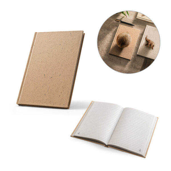 Caderno A5 em casca de coco (60%) e trapos de algodão (40%) com folhas pautadas - Enova Brindes Personalizados