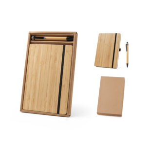 Conjunto de caderno A5 em bambu com páginas pautadas e esferográfica em bambu - Enova Brindes Personalizados