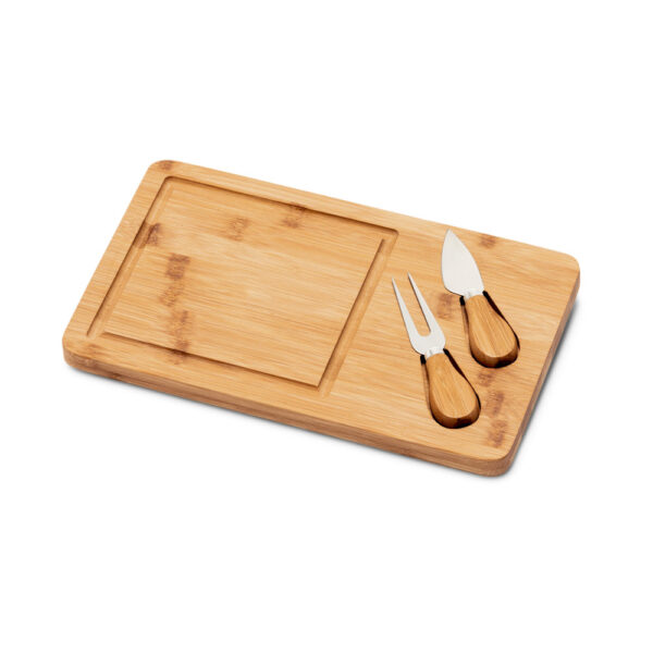 Tábua de queijos em bambu com 2 utensílios em bambu e aço inox - Brinde Corporativo Personalizado | Enova