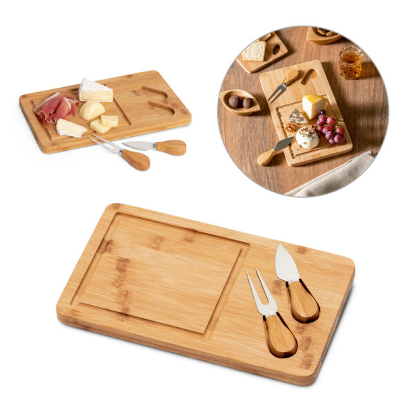 Tábua de queijos em bambu com 2 utensílios em bambu e aço inox - Enova Brindes Personalizados