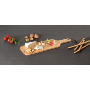 Tábua em bambu ideal para servir aperitivos com fitas para pedurar - Brinde Corporativo Personalizado | Enova