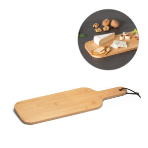 Tábua em bambu ideal para servir aperitivos com fitas para pedurar - Enova Brindes Personalizados