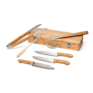Kit churrasco em estojo de bambu com 6 peças em aço inox e bambu - Brinde Corporativo Personalizado | Enova