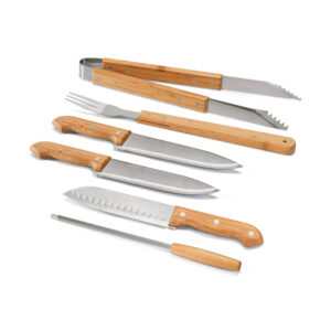 Kit churrasco em estojo de bambu com 6 peças em aço inox e bambu - Brinde Corporativo Personalizado | Enova