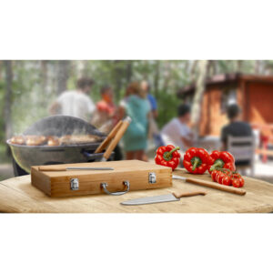 Kit churrasco em estojo de bambu com 6 peças em aço inox e bambu - Brinde Corporativo Personalizado | Enova