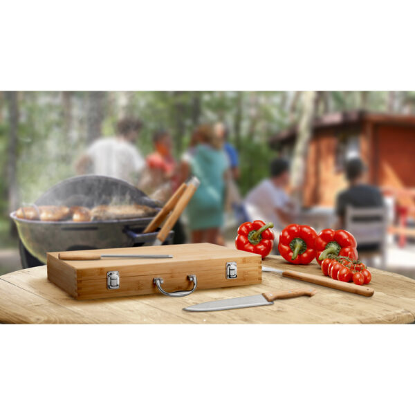 Kit churrasco em estojo de bambu com 6 peças em aço inox e bambu - Brinde Corporativo Personalizado | Enova