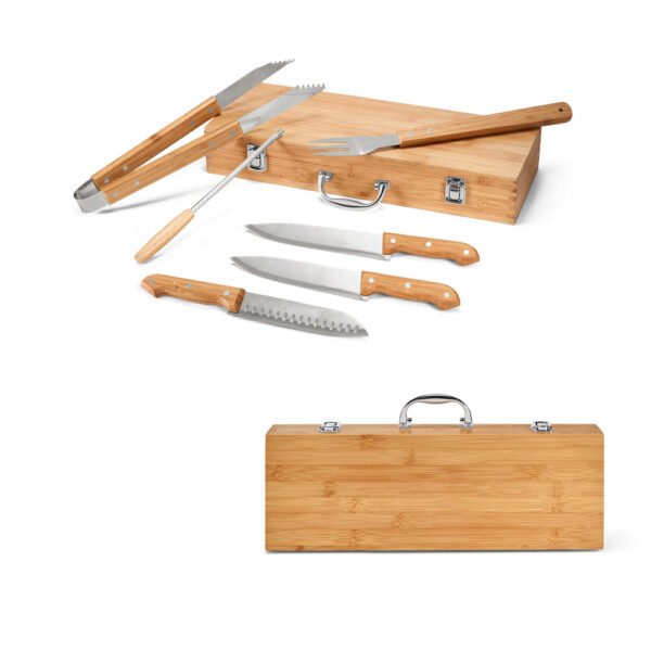 Kit churrasco em estojo de bambu com 6 peças em aço inox e bambu - Enova Brindes Personalizados