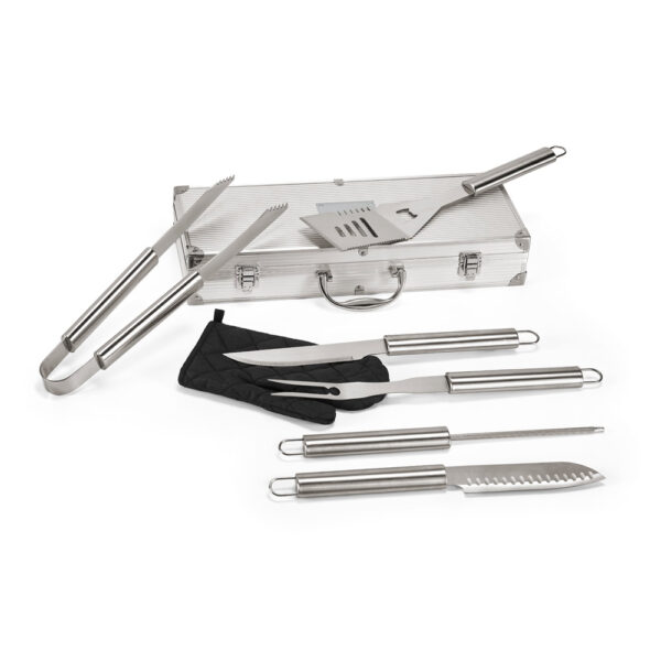 Kit churrasco em estojo de alumínio com luva de cozinha em poliéster e 6 utensílios em aço inox - Brinde Corporativo Personalizado | Enova
