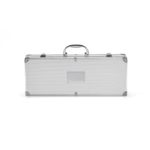 Kit churrasco em estojo de alumínio com luva de cozinha em poliéster e 6 utensílios em aço inox - Brinde Corporativo Personalizado | Enova