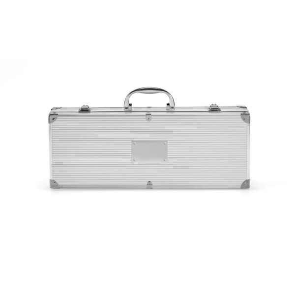 Kit churrasco em estojo de alumínio com luva de cozinha em poliéster e 6 utensílios em aço inox - Brinde Corporativo Personalizado | Enova