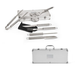 Kit churrasco em estojo de alumínio com luva de cozinha em poliéster e 6 utensílios em aço inox - Enova Brindes Personalizados