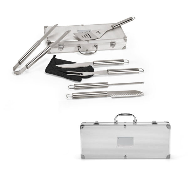 Kit churrasco em estojo de alumínio com luva de cozinha em poliéster e 6 utensílios em aço inox - Enova Brindes Personalizados