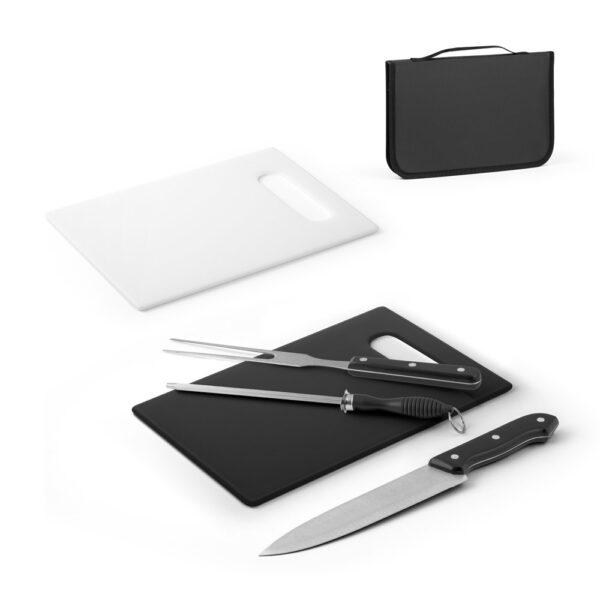 Kit churrasco em estojo em 210D com peças em aço inox e PP - Enova Brindes Personalizados