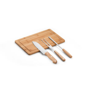 Kit churrasco em estojo de 210D e tábua em bambu com 3 utensílios em aço inox e madeira de seringueira - Brinde Corporativo Personalizado | Enova