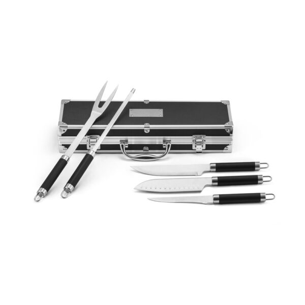 Kit churrasco em estojo de alumínio com 5 utensílios em aço inox e alumínio - Brinde Corporativo Personalizado | Enova