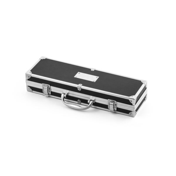 Kit churrasco em estojo de alumínio com 5 utensílios em aço inox e alumínio - Brinde Corporativo Personalizado | Enova