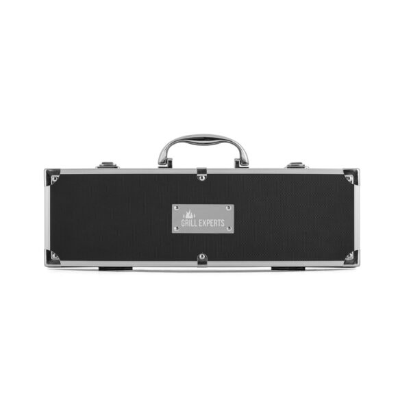 Kit churrasco em estojo de alumínio com 5 utensílios em aço inox e alumínio - Brinde Corporativo Personalizado | Enova
