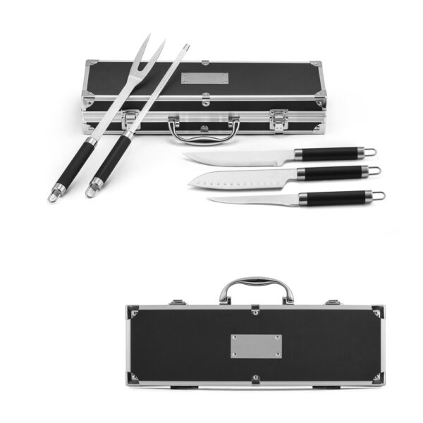 Kit churrasco em estojo de alumínio com 5 utensílios em aço inox e alumínio - Enova Brindes Personalizados