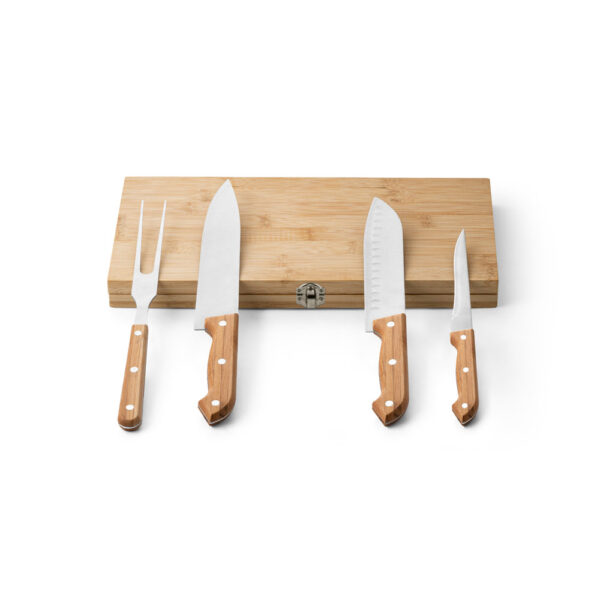 Kit churrasco em caixa bambu com 4 utensílios em aço inox e bambu - Brinde Corporativo Personalizado | Enova