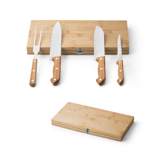 Kit churrasco em caixa bambu com 4 utensílios em aço inox e bambu - Enova Brindes Personalizados