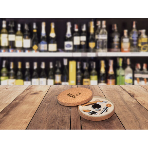 Conjunto para vinho com 4 peças em madeira e metal - Brinde Corporativo Personalizado | Enova