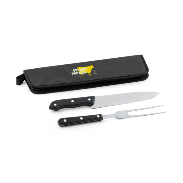 Kit churrasco em estojo em 210D em 2 utensílios em aço inox e PP - Brinde Corporativo Personalizado | Enova